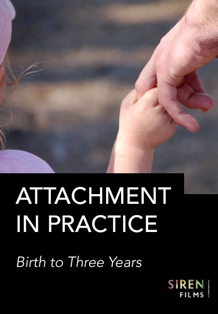 This image shows a small child holding the finger of an adult, conveying a sense of trust and bonding, titled "Attachment in Practice, Birth to Three Years."