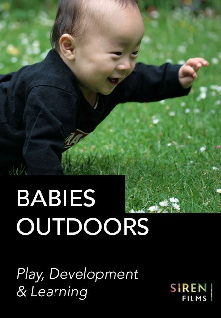 A baby is crawling on the grass with a joyful expression, featured in a promotional image with text for "Babies Outdoors", about play and learning.