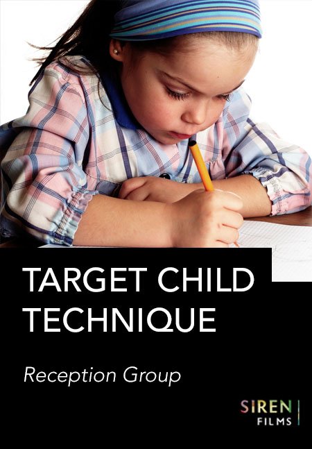 A young child is intently writing in a notebook with a pencil. The words "TARGET CHILD TECHNIQUE Reception Group" are printed on the image.