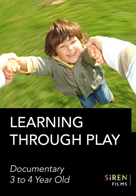 A happy child is swinging by their arms, held by two people, against a blurred green background. Text overlay says "LEARNING THROUGH PLAY," indicating an educational theme.