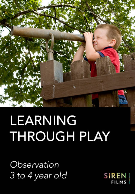 A young child peers through a telescope atop a wooden play structure, with text "LEARNING THROUGH PLAY - Observation 3 to 4 year old" displayed.