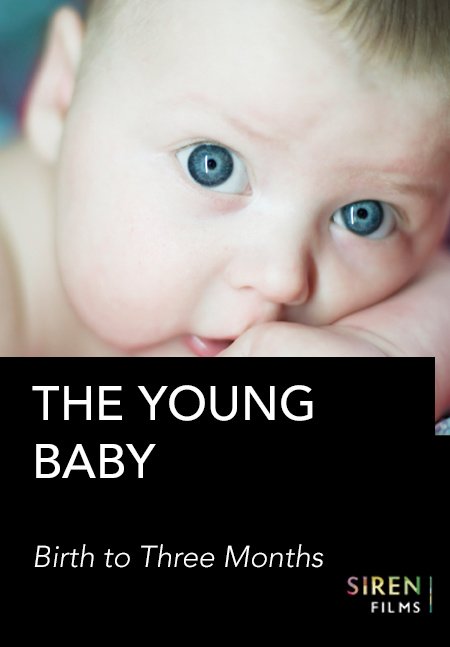 An infant with bright blue eyes looks towards the camera. Text reads "THE YOUNG BABY Birth to Three Months" over a black background.