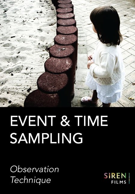 A small child stands by a curb adjacent to a sandy area, looking to the side. Text above reads "EVENT & TIME SAMPLING - Observation Technique" with a logo.
