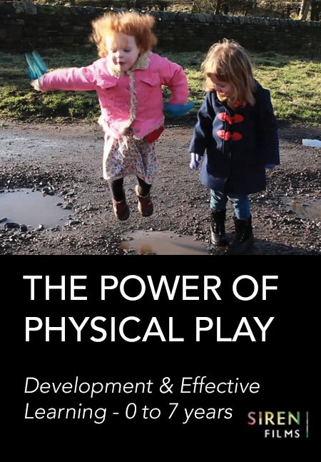 Two children are playing outdoors, one jumping joyfully. Text promotes "THE POWER OF PHYSICAL PLAY" and developmental learning from ages 0 to 7 years.